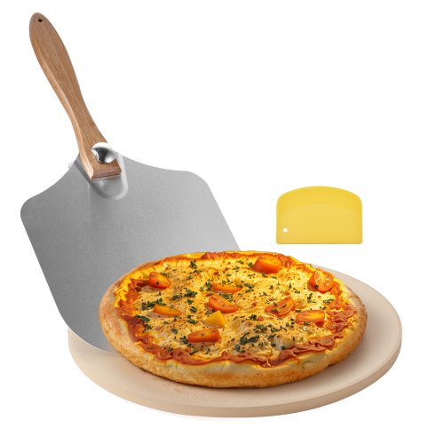 VEVOR Pizza Stone, 381 mm Round Cordierite Pizza Stone, Extra Large Baking-Stone with Aluminum Peel, 17 mm Thickness Heat-Resistant Cooking Cordierite, for Kitchen Oven, Baking Pizzas, BBQ Grilling