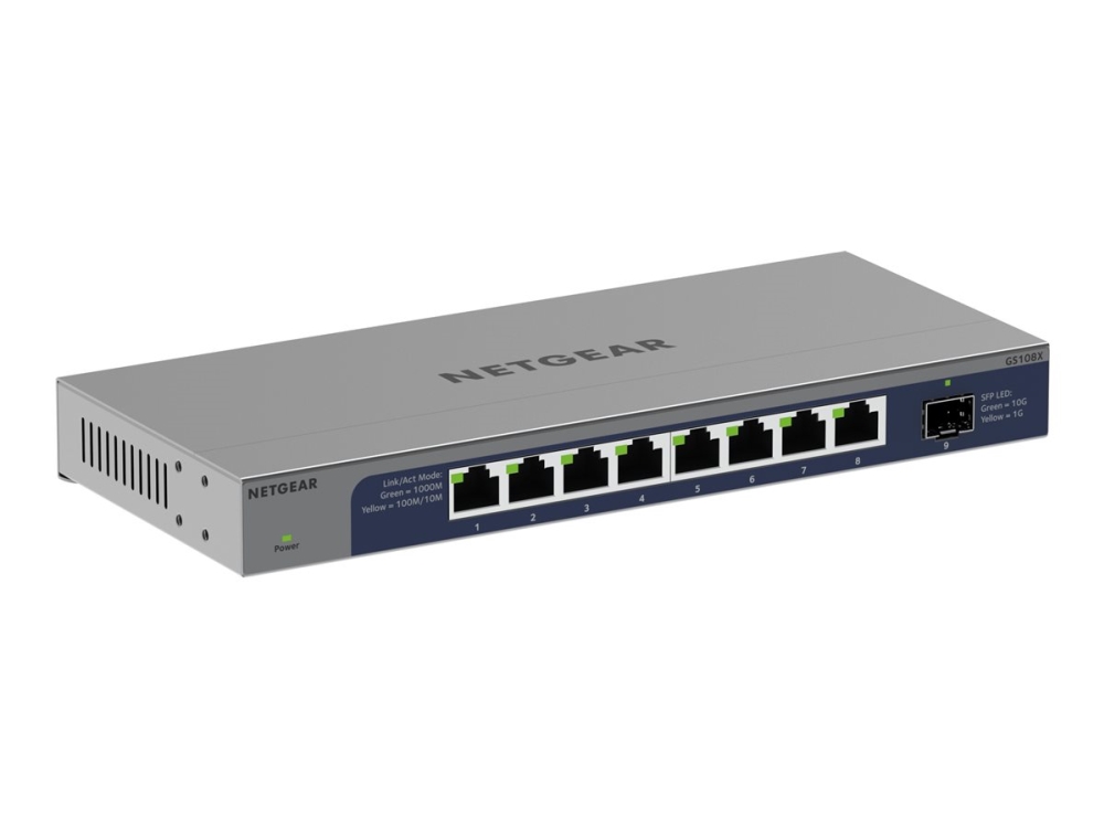 NETGEAR GS108X - 8-porttinen hallitsematon Gigabit-kytkin 1 x 10 Gigabit SFP+ -uplink-liitännällä, harmaa