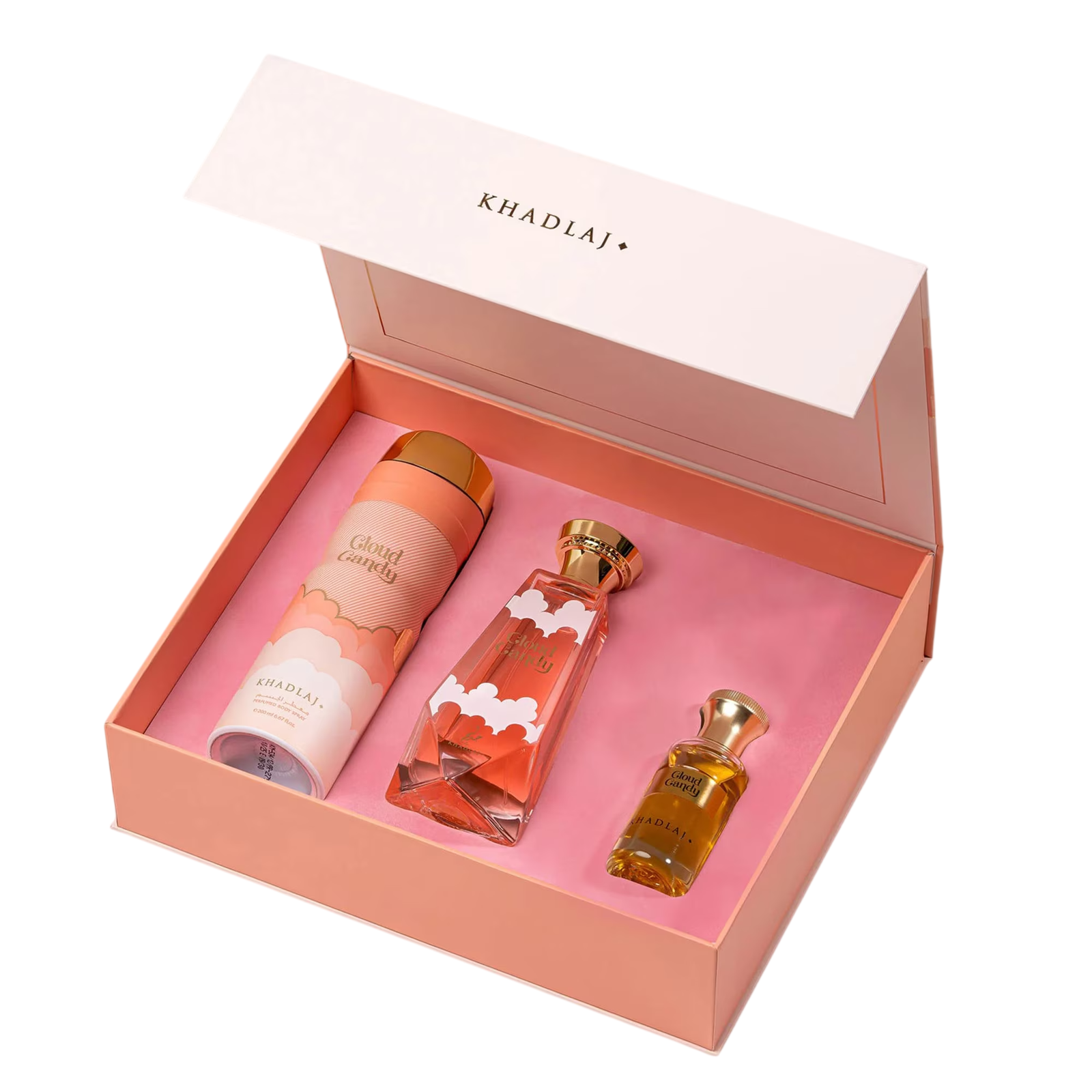 Set Khadlaj: Cloud Candy, Extraità De Parfum, unisex, 100 ml + Cloud Candy, deodoranttisuihke, naisille, 200 ml + Cloud Candy, tuoksuöljy, unisex, 25