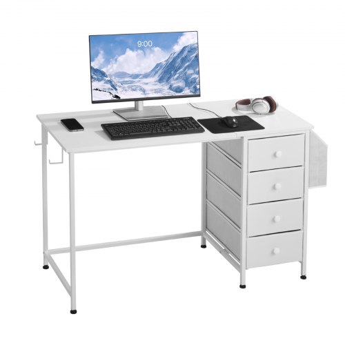 VEVOR Computer Desk with Fabric Drawers, 120 cm Reversible Study Work Writing Desk for Modern Home Office Bedroom, Simple Modern Cute PC Table Metal Frame Business Furniture, White