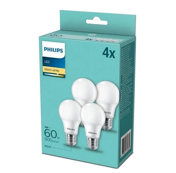 Philips E27 LED-lamppu A60 8W 2 700 K matta 4 kpl