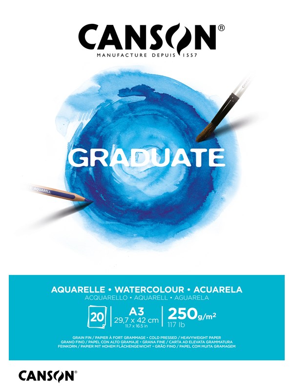 Vesiväripaperi, A3-lohko, 20 arkkia, 250g, Canson Graduate