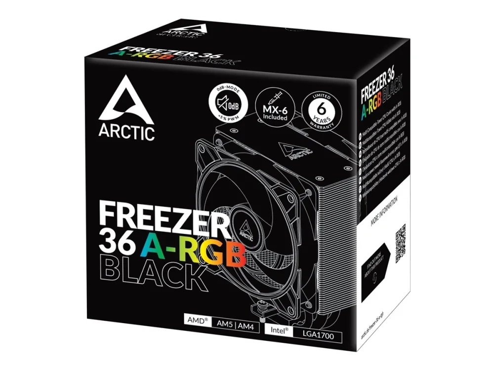 ARCTIC Freezer 36 A-RGB, Ilmanjäähdytin, 12 cm, 200 RPM, 2000 RPM, Musta
