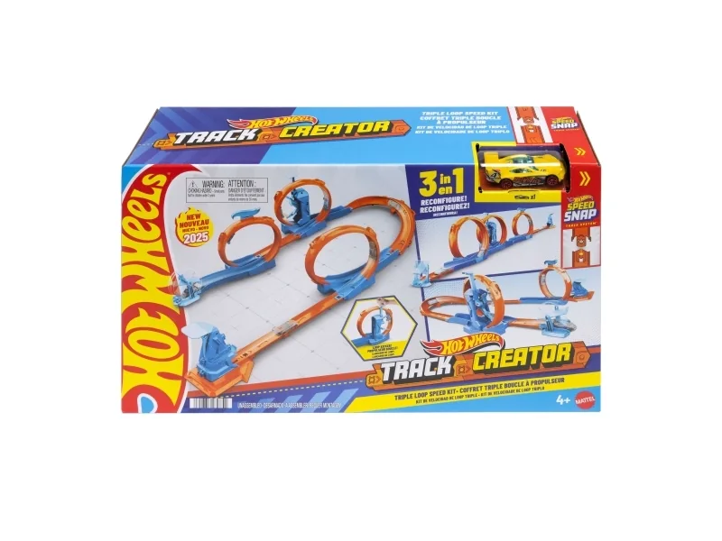 Hot Wheels Track Builder Track Creator Triple Loop -pakkaus ja 1:64-mittakaavan leluauto, radanrakennuspakkaus, Ajoneuvo ja ratasetti, 4 vuosi/vuosia, Muovi, Monivärinen