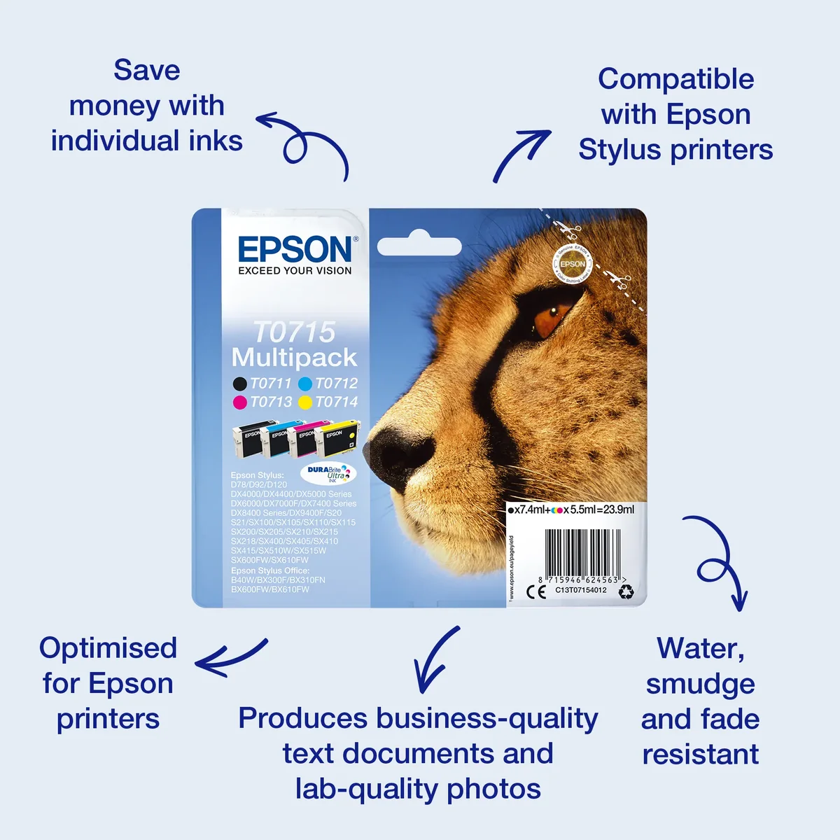 Epson Cheetah Singlepack Black T0711 DURABrite Ultra Ink, Perusvärintuotto, Musta, Väriainepohjainen muste, 7,4 ml, 1 kpl, Kertapakkaus