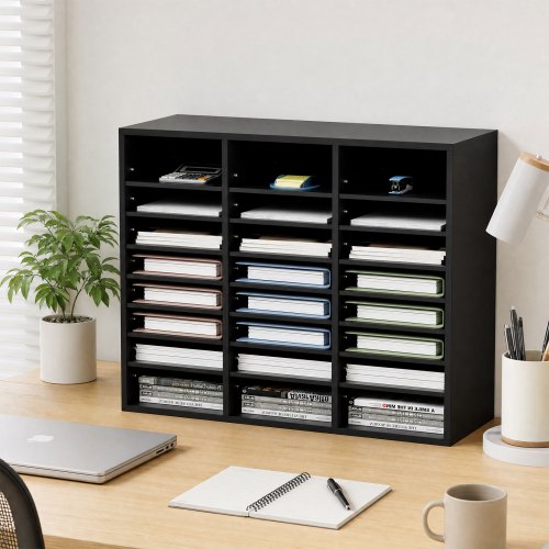 VEVOR Wood Literature Organizer, 24 Compartments, File Sorter with Removable Shelves, Mailboxes Slot for Office Home Classroom Mailrooms Organization, EPA Certified, Black
