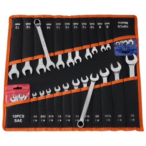 VEVOR Combination Wrench Set, 42-Piece SAE and Metric, 12-Point Box End and 15° Angled Open End Combination Wrenches with Roll Up Pouch, Carbon Steel, for General Household and Automotive Repairs