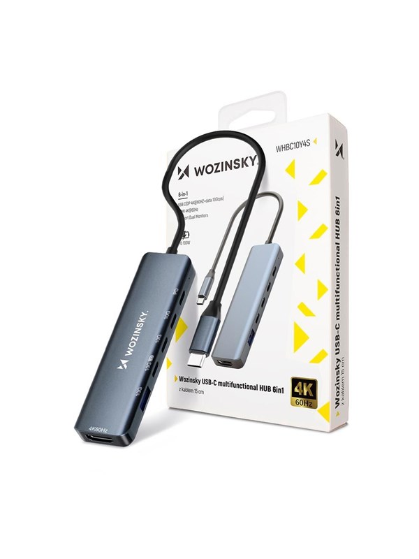 USB-C 6-in-1-keskitin Wozinsky WHBC10Y4S monitoimikeskus, alumiinia, 25 cm:n kaapelilla - harmaa