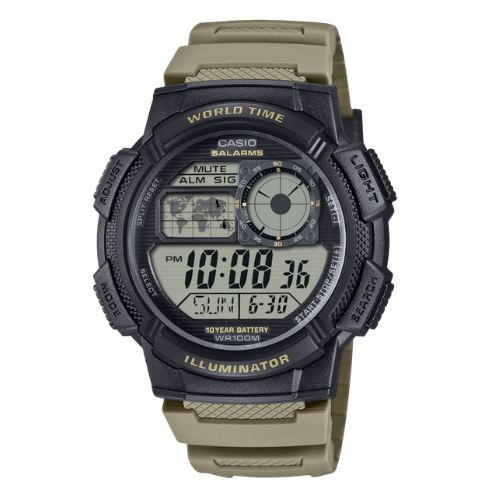Casio Youth AE-1000W-5AVEF World Time Miesten Digitaalinen Urheilukello - Oliivinvihreä Hartsiranneke