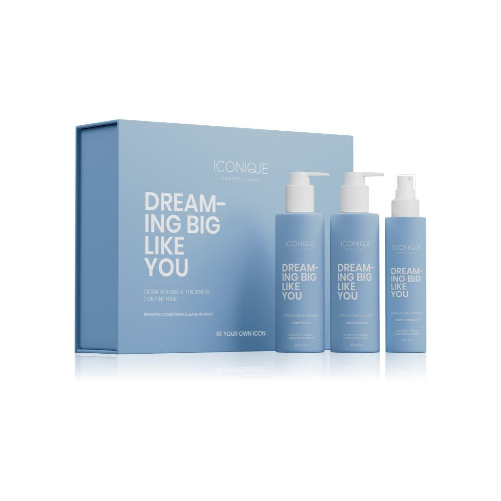 ICONIQUE Professional DREAMING BIG LIKE YOU Volume Set: Shampoo 250 ml, Hoitoaine 250 ml, Suihke 150 ml