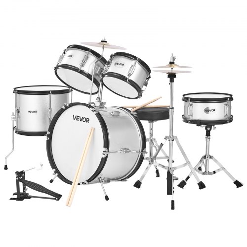 VEVOR Kids Drum Set, 5-Piece 16 in / 406.4 mm Junior Drum Sets, Beginner Drums Set with Adjustable Throne and Two Pairs of Drumsticks, Musical Learning Drums Instrument Kit, for Children Ages 6-13(Silver)