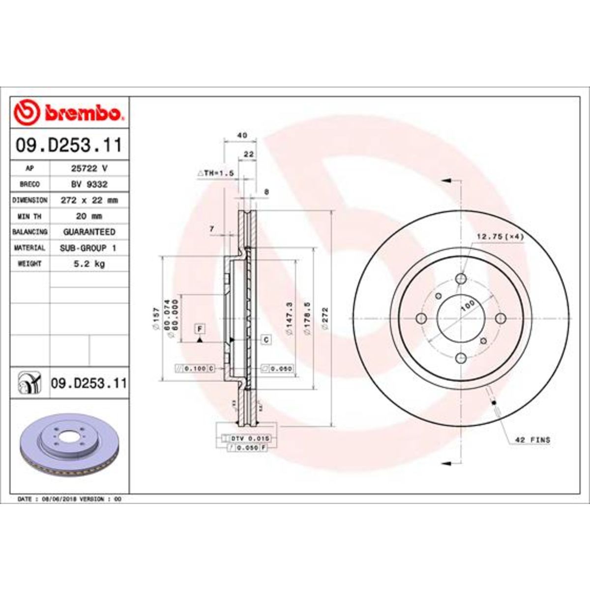 Jarrulevy BREMBO 09.D253.11