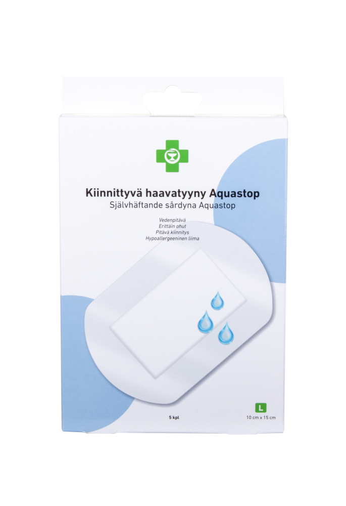 APTEEKKI Kiinnittyvä haavatyyny Aquastop koko L 10cm x 15cm, 5 kpl/rasia