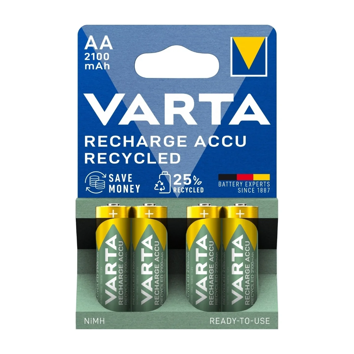 VARTA Lataa kierrätetty akku uudelleen.