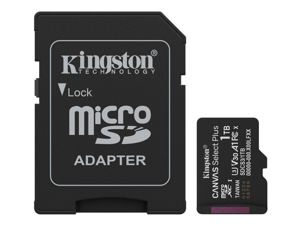 Kingston Technology 1 Tt Gt microSDXC Canvas Select Plus Gen3 150 MB/s A1 -kortti + sovitin, 1 TB, MicroSDXC, Luokka 10, UHS-I, 150 MB/s, Class 3 (U3)