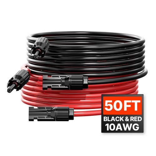 VEVOR 15.24m/50FT Solar Panel Extension Cable, 6mm2/10AWG Solar Extension Cable Wire with Female & Male Waterproof Connectors, 6mm2 PV Cable for Home, Ship and RV Solar Panels, 15.24m/50FT Black + 15.24m/50FT Red (Set of 2)