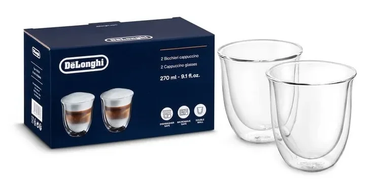 De'Longhi kaksoisseinäiset cappuccinolasit, 90 ml, 2 kappaletta