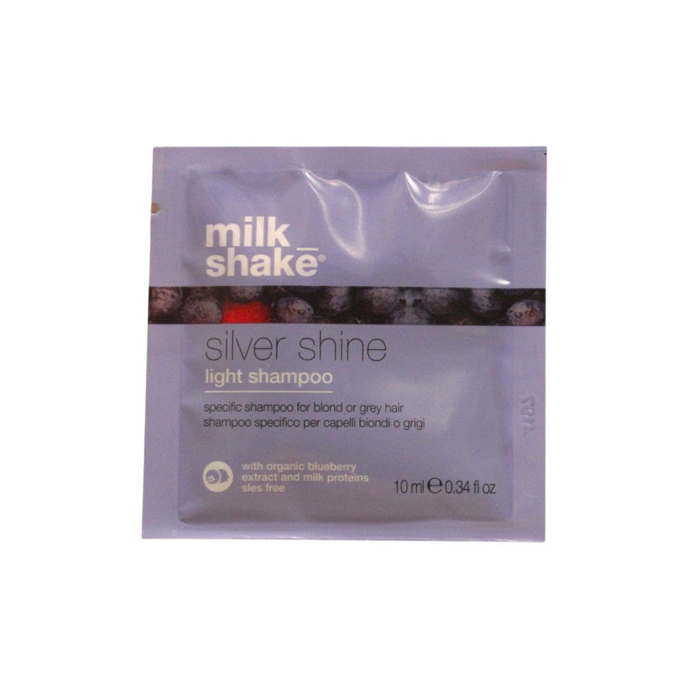 Milk Shake Silver Shine Light Shampoo ilman sulfaatteja 10 ml - Neutralisoi keltaisia sävyjä vaaleille ja harmaille hiuksille