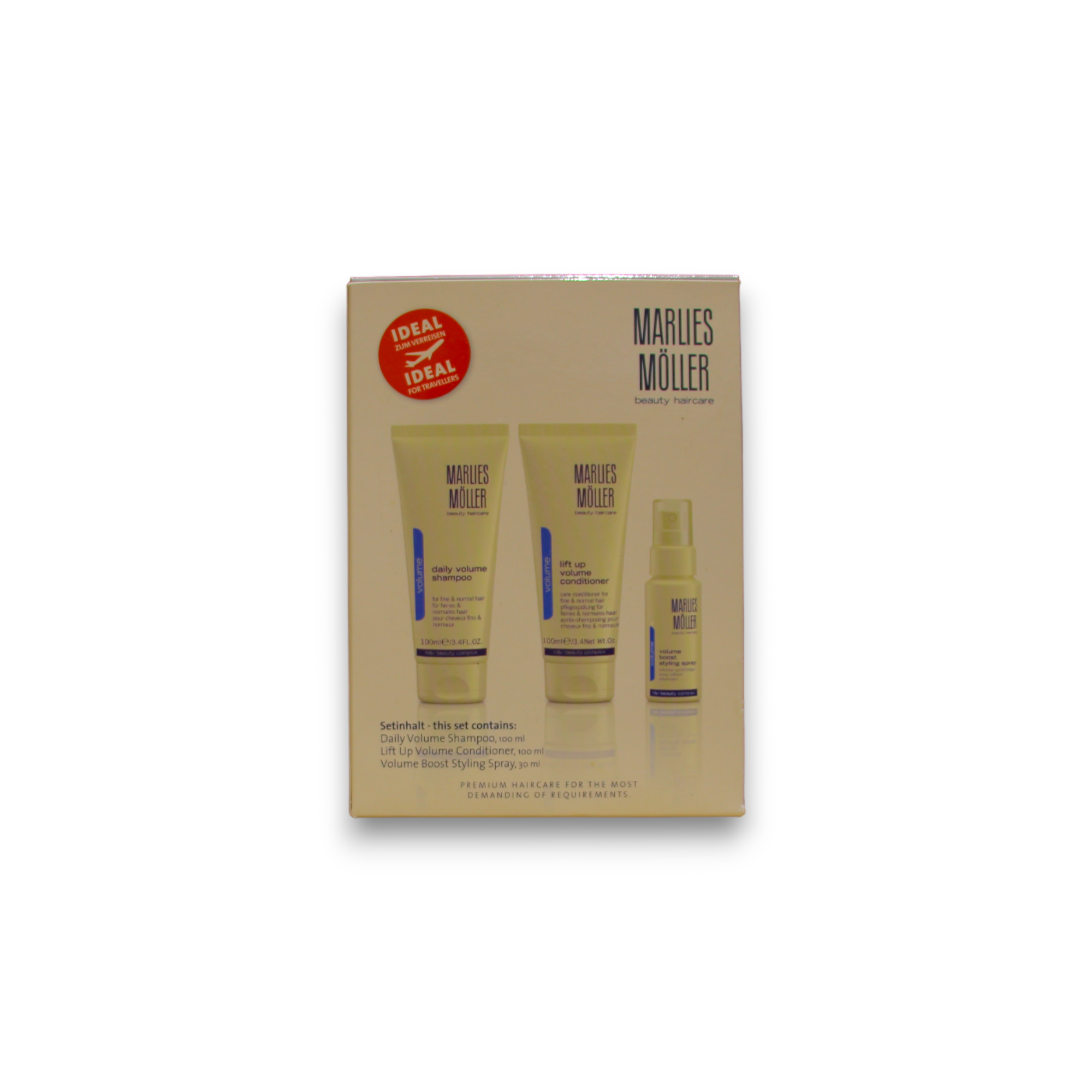 Täydellinen äänenvoimakkuussetti Marlies Moller: Daily Volume Shampoo 100ml + Volume Conditioner 100ml + Volume Spray 30ml