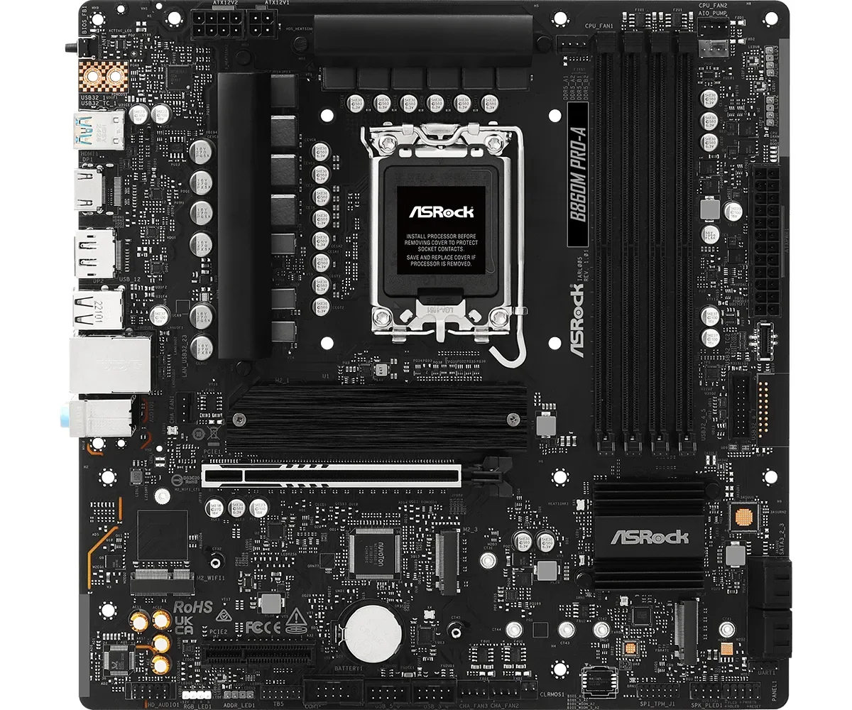 ASRock B860M Pro-A - Emolevy - micro ATX - LGA1851-asennuspaikka - B860-piirisarja - USB-C 3.2 Gen 2x2, USB-C 3.2 Gen 1, USB 3.2 Gen 1 - 2.5 Gigabit LAN - sisäinen grafiikka (CPU tarvitaan) - HD Audio (8-kanavainen)