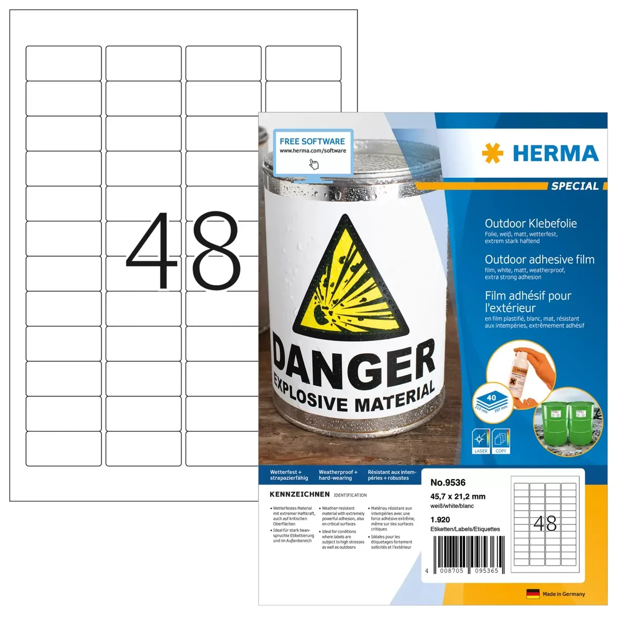 HERMA 9536, Valkoinen, Suorakulmio, A4, Universaali, Polyeteeni, Matta