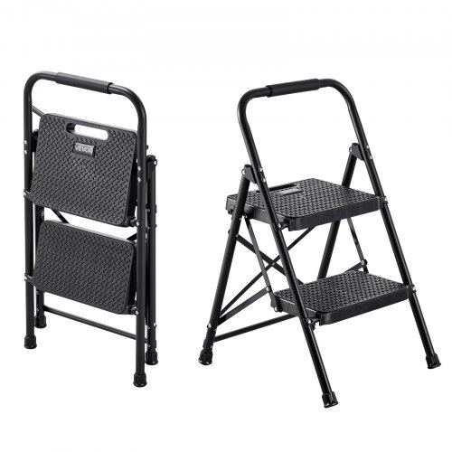 VEVOR 2 Step Ladder, Folding Step Stool with Wide Anti-Slip Pedal and Comfort Handgrip, Lightweight 272 kg Capacity Portable Steel Ladder, Multi-Use for Kitchen, Home, Household and Office, Black