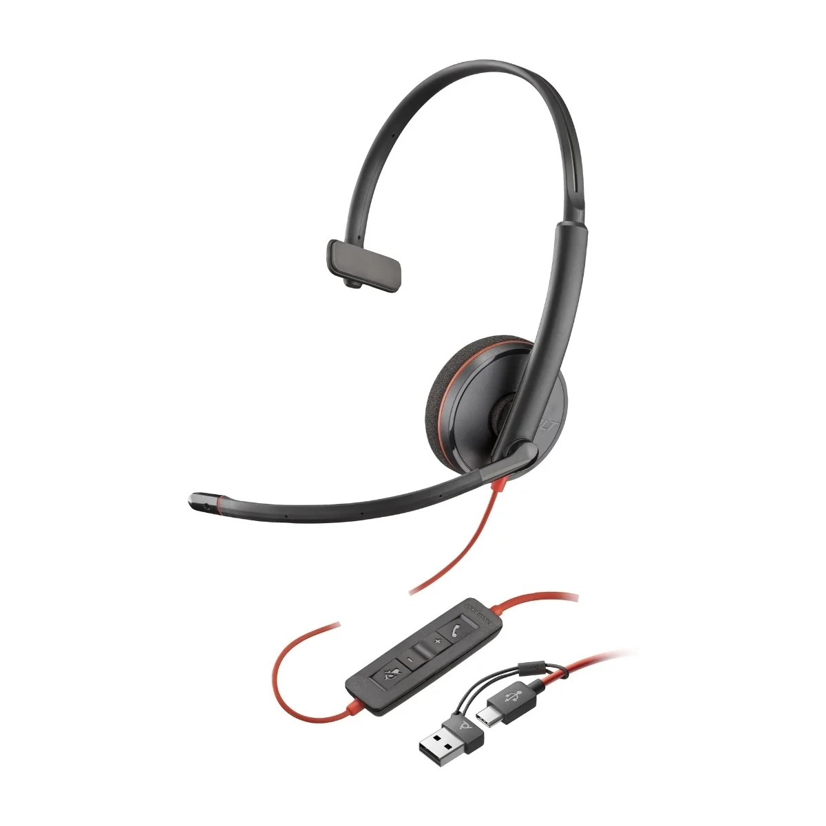 HP Poly Blackwire 3210 -monokuuloke + USB-C - USB-A -sovitin, musta