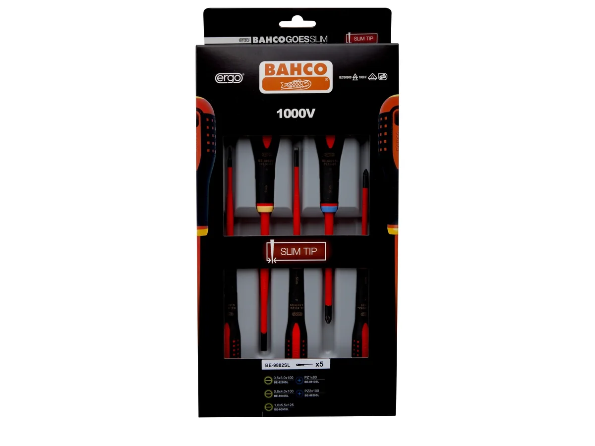 BAHCO 9882sl insulated slotted screwdrivers 5 pcs 1000v - slimblade be-9882sl pz/lk