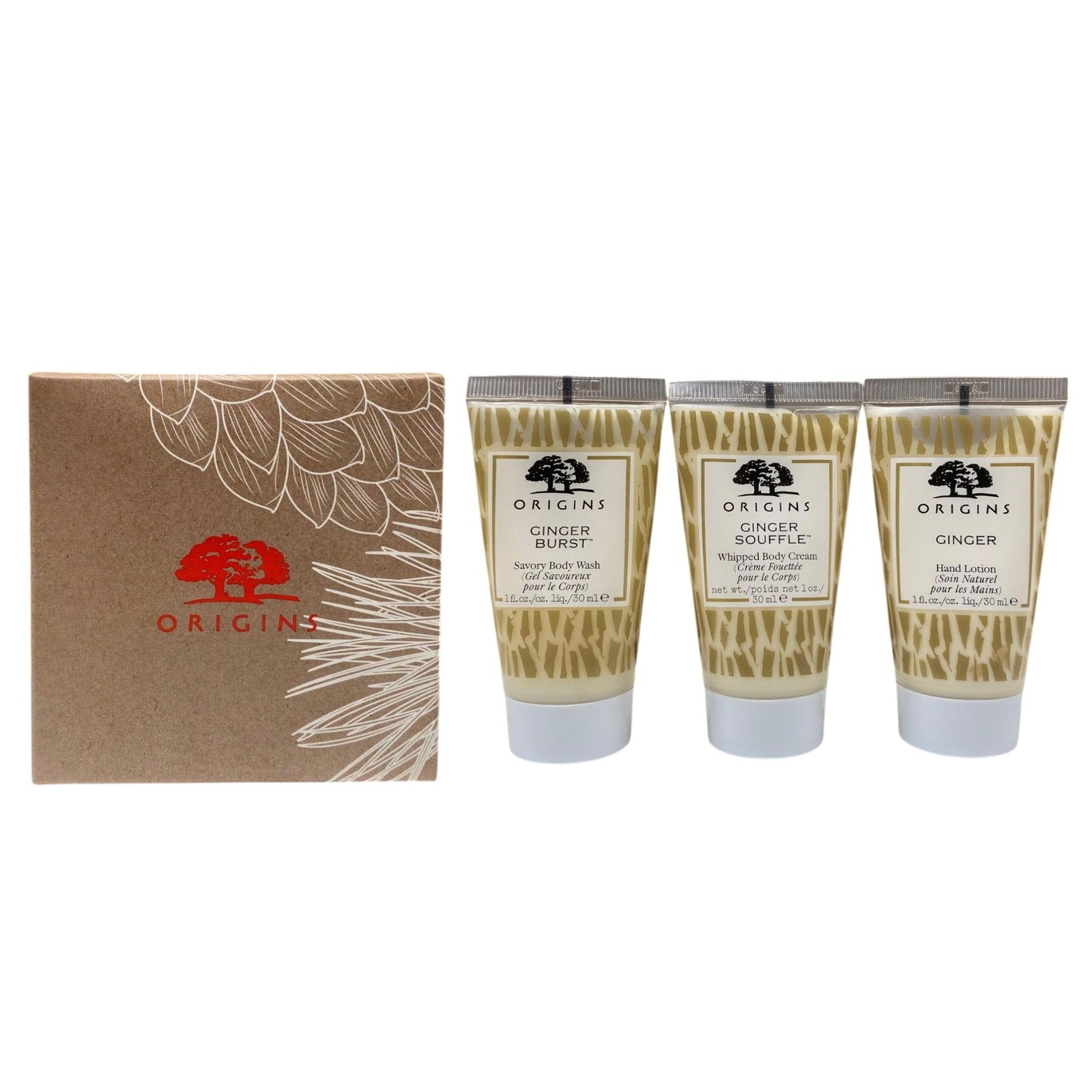 Lahjasetti Origins: Origins Body Cleanser 30 ml + Inkivääri Nourishing Hand Lotion 30 ml + Ginger Soufflé ravitseva vartalovoide 30 ml
