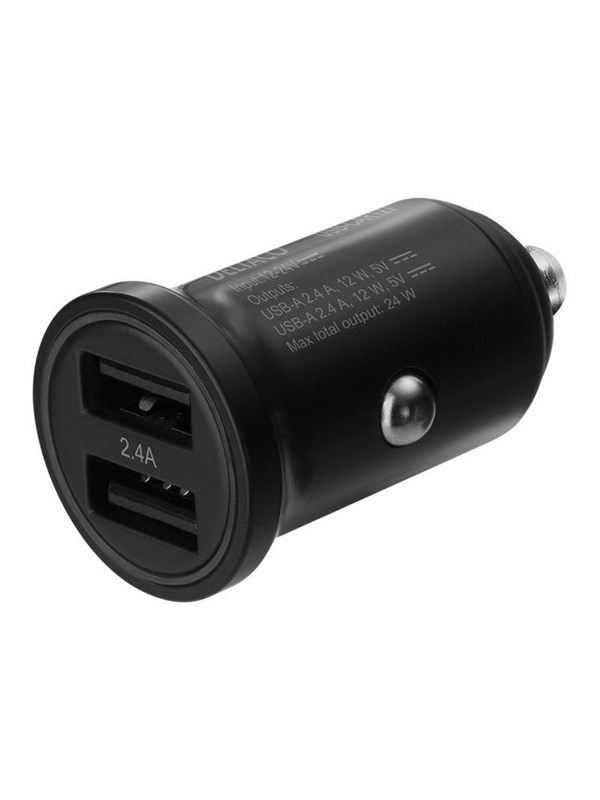 Deltaco rtilla12/24 V USB-autolaturi, jossa on kaksi USB-A-porttia