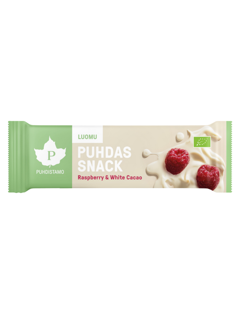 Puhdistamo Puhdas Snack -patukka, Raspberry & White Cacao Luomu 40 g