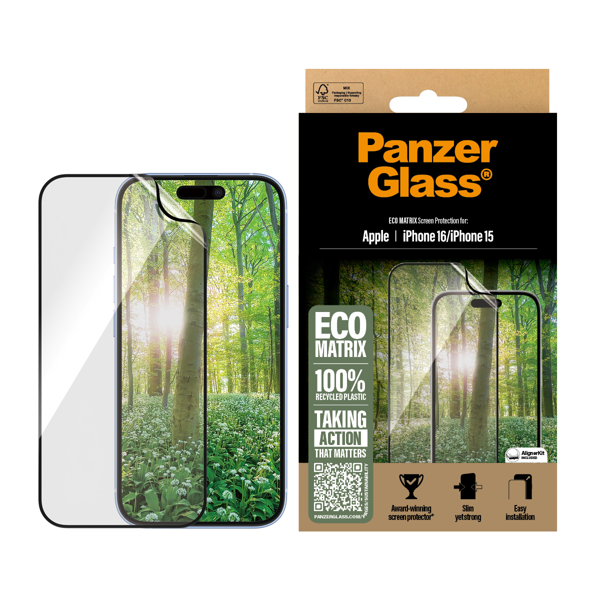PanzerGlass Eco MATRIX Screen Protector iPhone 16 | 15 | Ultra-Wide Fit