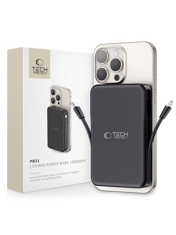 Powerbank Tech-Protect LifeMag PB31 MagSafe 10000mAh 15W USB-C / USB-A / sisäänrakennettu USB-C / Lightning-kaapeli - musta