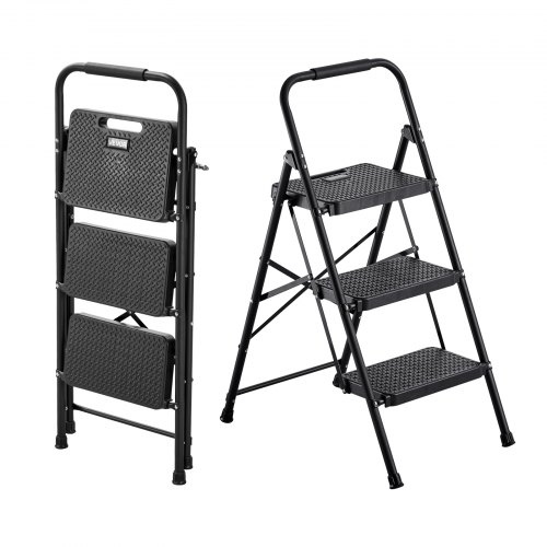 VEVOR 3 Step Ladder, Folding Step Stool with Wide Anti-Slip Pedal and Comfort Handgrip, Lightweight 272 kg Capacity Portable Steel Ladder, Multi-Use for Kitchen, Home, Household and Office, Black