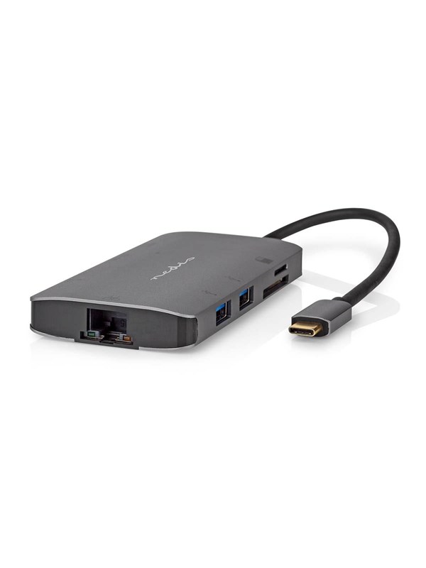 Nedis USB N Moniporttisovitin | 7-in-1 | USB 3.2 Gen 1 | USB-CTM Uros | HDMITM Ulostulo / Micro SD / RJ45 Naaras / SD / USB-CTM Naaras / 3x USB-A Naaras | 5 Gbps | 0.20 m | Pyöreä | Kullattu | PVC | Antrasiitti | Laatikko