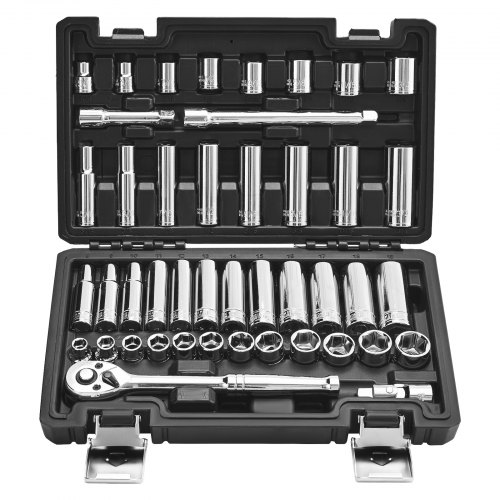 VEVOR Socket Set, 44 Pieces, 9.5 mm Drive Socket and Ratchet Set, SAE and Metric, Deep and Shallow, Mechanic Tool Kit with Accessories and Storage Case, CR-V Alloy Steel, for Automotive Repair