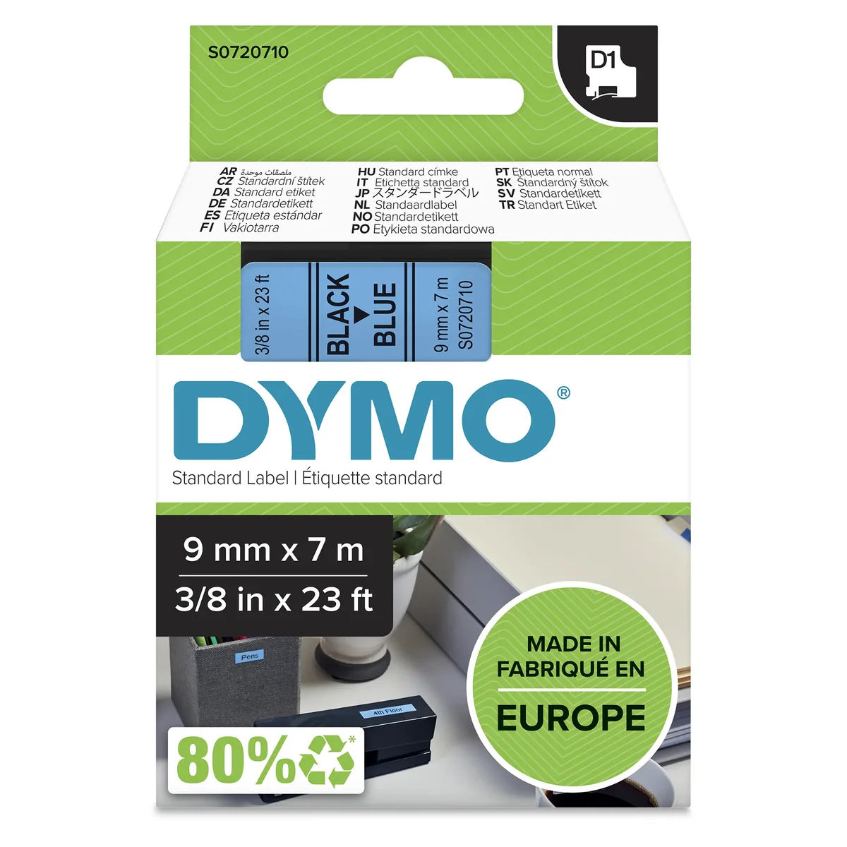 DYMO D1 märktejp standard 9mm, svart på blått, 7m rulle (40916)