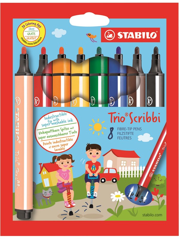 STABILO ® Trio® Scribbi -kolmionmuotoinen kuitukärkikynä, jossa on jousikuormitettu kärki. Korttipakkaus sisältää 8 kynää.