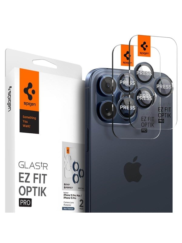 Spigen Optik Pro EZ Fit, Apple, iPhone 15 Pro Max, Sininen, Läpinäkyvä, 2 kpl