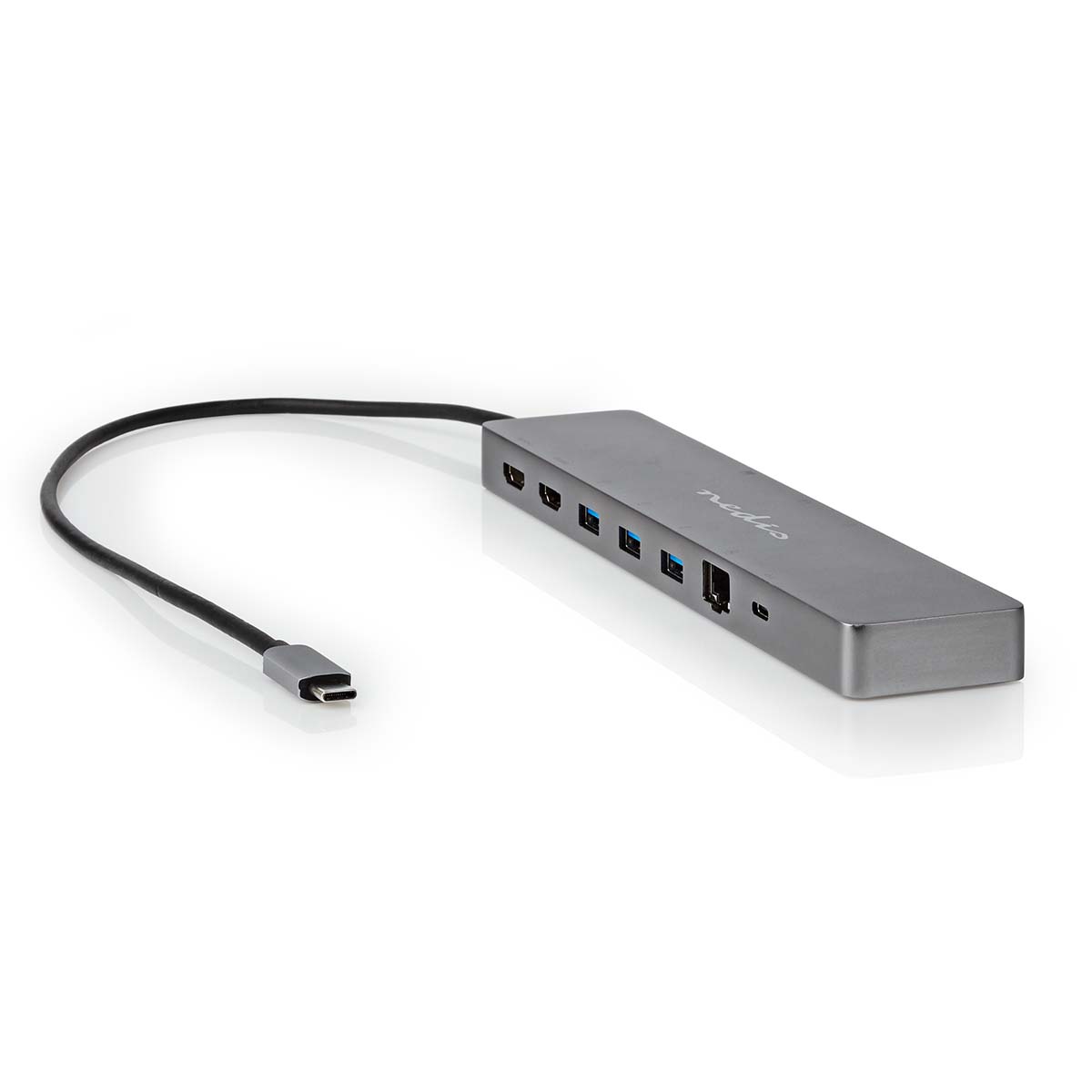 Nedis USB N Moniporttisovitin | 10-in-1 | USB 3.2 Gen 1 | USB-CTM Uros | Micro SD / RJ45 Naaras / SD / 2x HDMITM / 2x USB-CTM / 3x USB-A Naaras | 0.40 m | Pyöreä | Kullattu | TPE | Antrasiitti | Laatikko