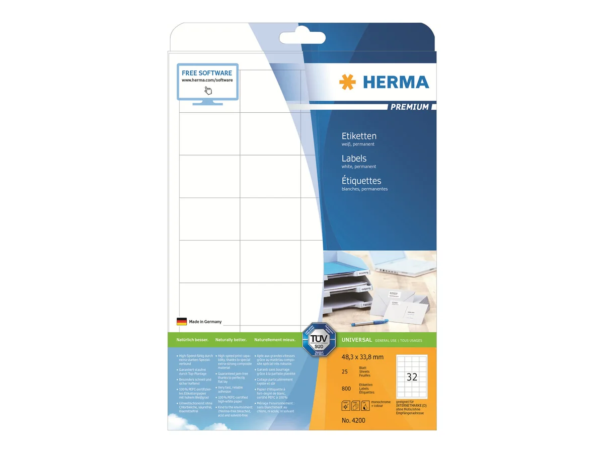 HERMA 4200, Valkoinen, Itse kiinnittyvä tulostintarra, A4, Paperi, Laser/Inkjet, Kiinteä
