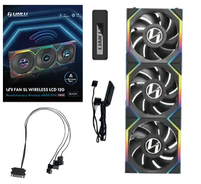 Lian Li UNI FAN SL Wireless LCD, 120 mm, PWM, nestelaakeri, ARGB -tuuletinsarja, 3 kpl, musta
