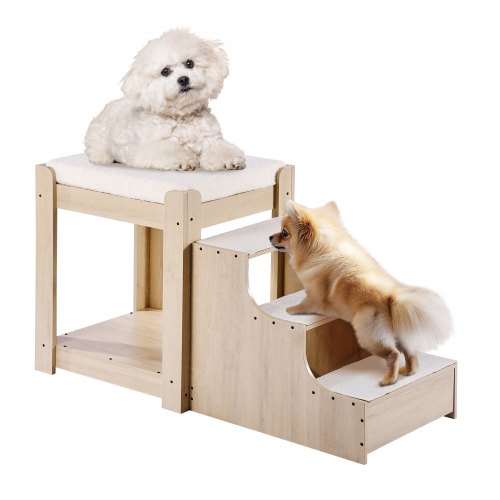 VEVOR Pet Bunk Bed with Stairs, Dog/Cat Window Perch, Multi-Level Bed Window Perch Dog Bedside Sleeper, Lounge Elevated Seat Platform with Foam Cushion,Pet Bed Couch for Bedside Indoor Use (Beige)
