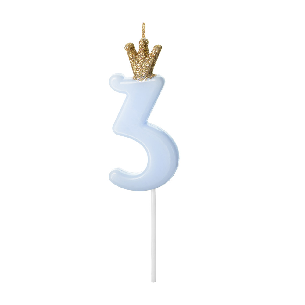 Sininen Kruunullinen Numerokakkukynttilä - Numero 3