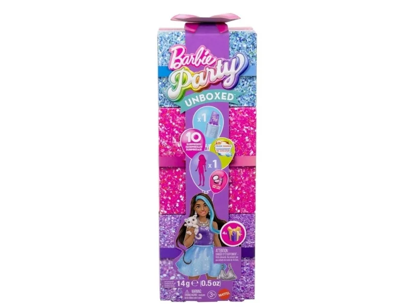 Barbie Party Unboxed Glam Party -sarjan Purple Sparkle -nukke ja tarvikkeita, 10 yllätystä, Muotinukke, Naaras, 3 vuosi/vuosia, Poika/tyttö, 296 mm, 280 g
