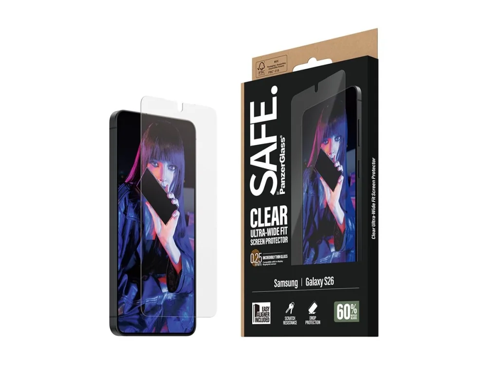 PanzerGlass SAFE. by ® Screen Protector Samsung Galaxy S26 | Ultra-Wide Fit w. EasyAligner, Samsung, Samsung - Galaxy S26, Asennus kuivana, Naarmuuntumisenkestävä, Iskunkestävä, Läpinäkyvä, 1 kpl
