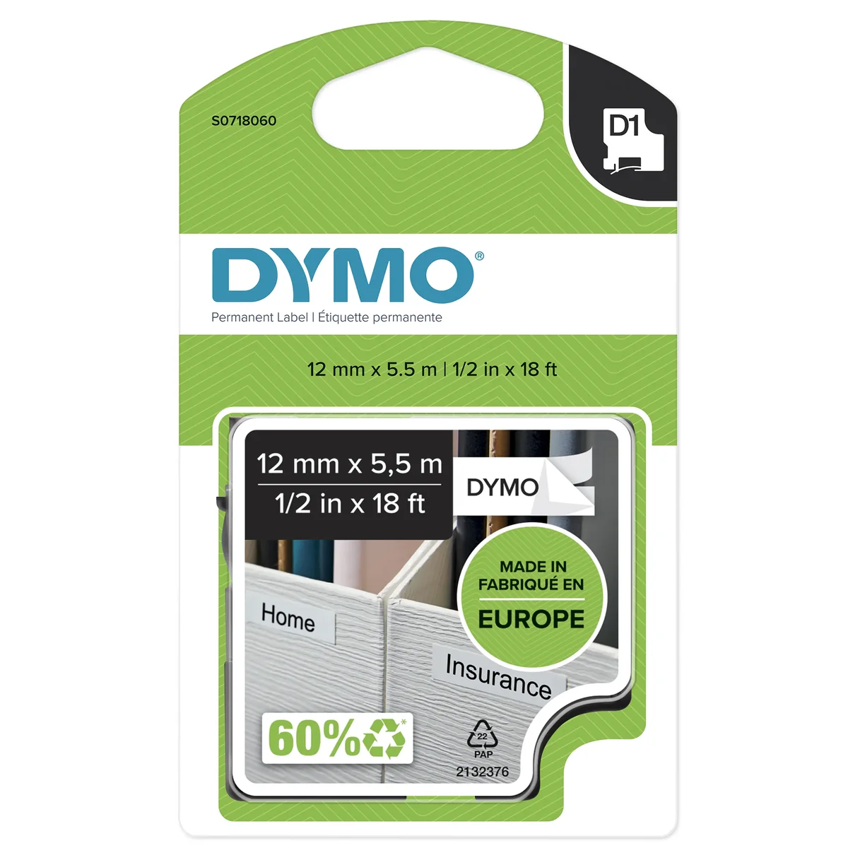 Dymo Tape D1 12mm Musta/valkoinen Pysyvä Polyesteri