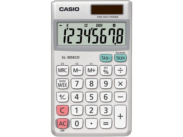 Casio SL-305 Eco -taskulaskin, 8-numeroinen LCD, Hopea, Valkoinen
