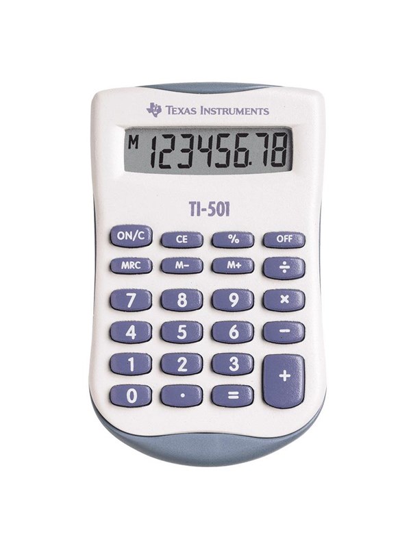 Texas Instruments TI-501 -taskulaskin, 8 numeroa, sininen/valkoinen