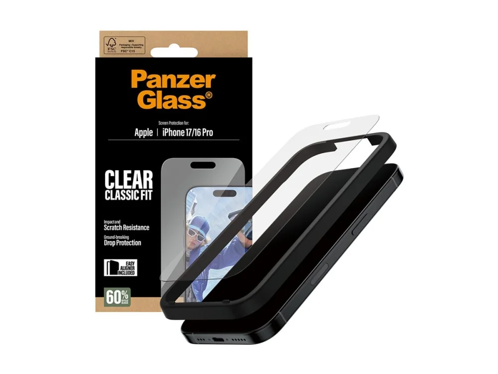 PanzerGlass ® Näytönsuoja iPhone 17 | iPhone 16 Pro | Classic Fit w. EasyAligner, Apple, Apple - iPhone 2025 non-Pro, kuivapinnoitus, naarmuuntumaton, iskunkestävä, läpinäkyvä, 1 kpl